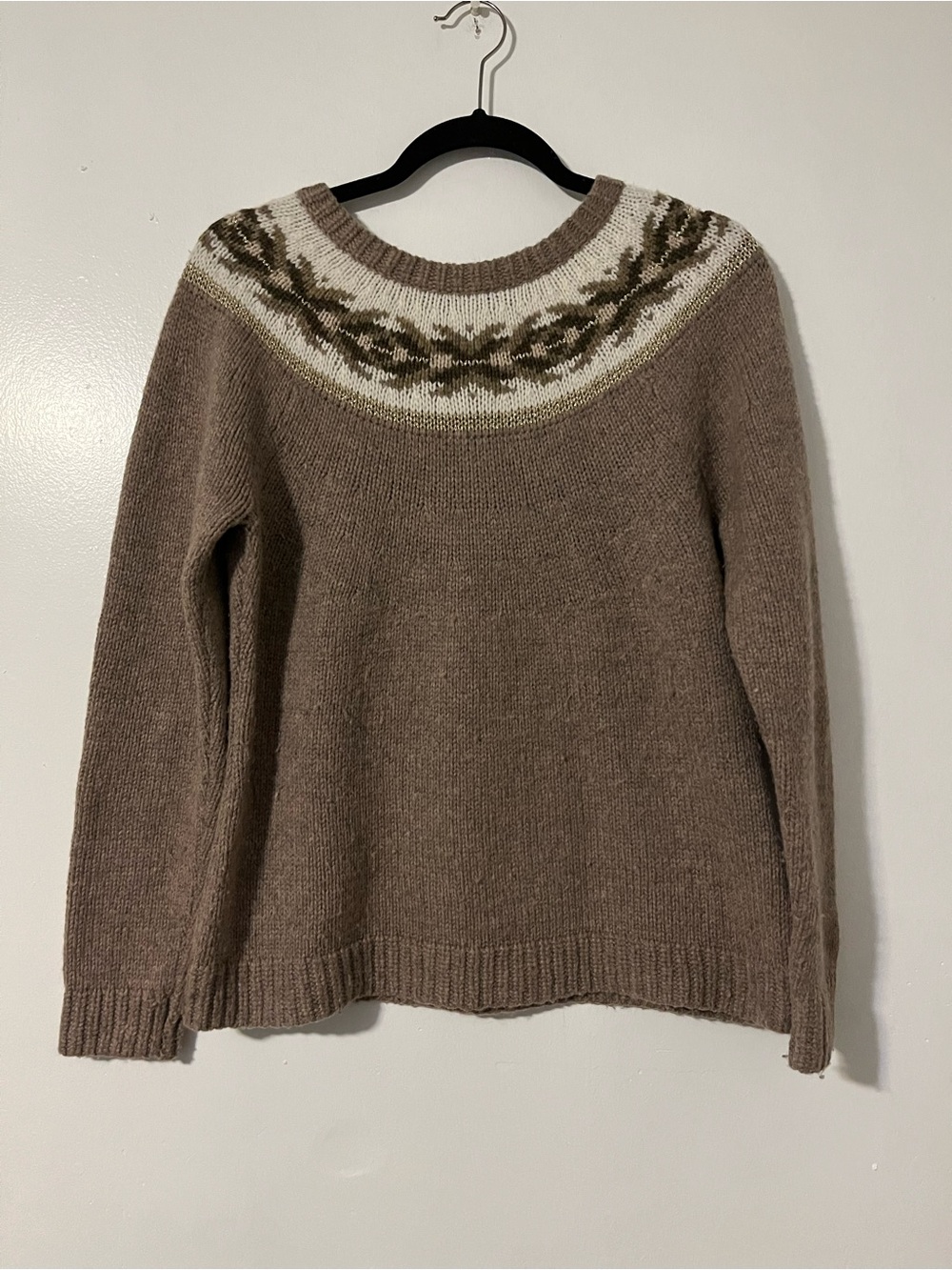 Coldwater Creek Taupe Crewneck Sweater - Fair Isle Yoke